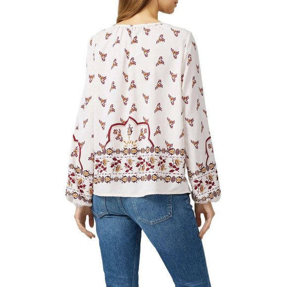 Bobeau Top Floral Print Peasant Pink Tie V Neck Long Sleeve Boho - Picture 2 of 12